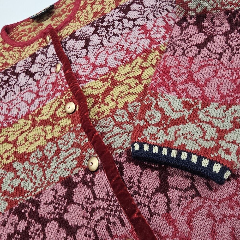 OLEANA Multicolor Floral 100% Pure New Wool Long Sleeve Cardigan Sweater Size L - Picture 2 of 14